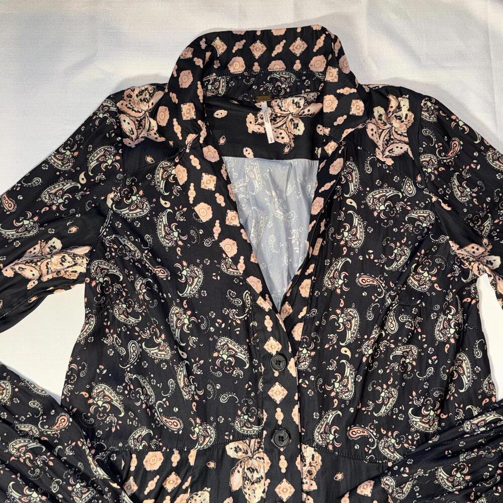 Free People Button Dress Long Sleeve Tunic Flare Ditsy Print Paisley Floral - Picture 2 of 7